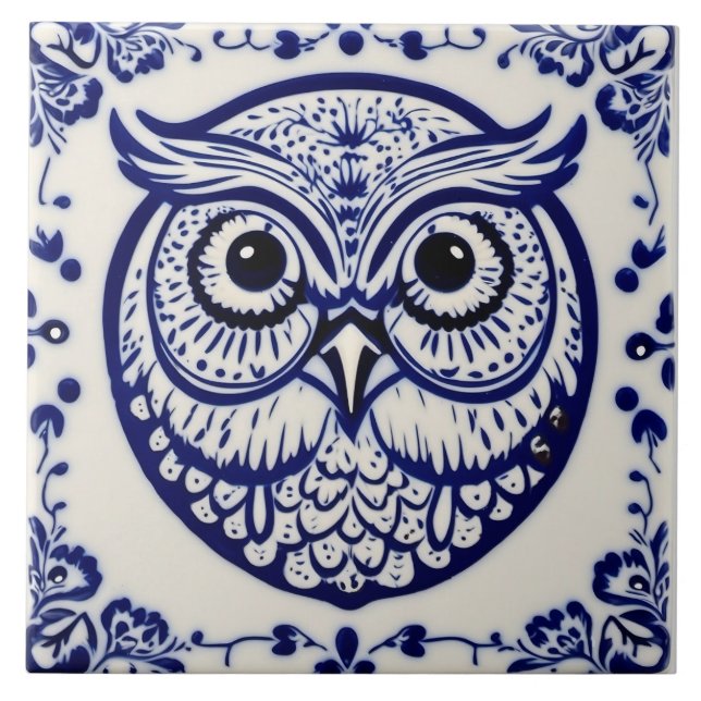 Swedish Dala owl Blue and White nouveau Tile (Front)