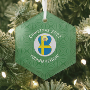 Swedish Flag Christmas Angel Name Year Hexagon Glass Ornament
