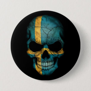 Swedish Flag Skull on Black 3 Inch Round Button