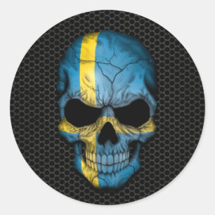Swedish Flag Skull on Steel Mesh Graphic Classic Round Sticker