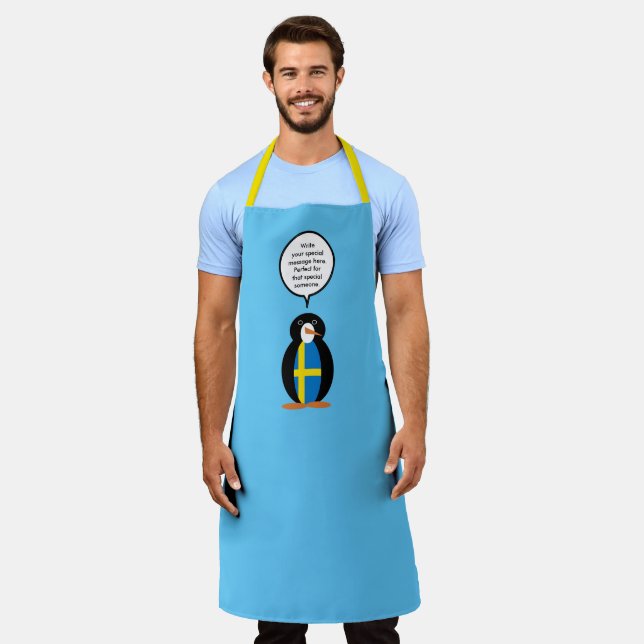 Swedish Flag Talking Ms. Penguin Personalized  Apron (Worn)