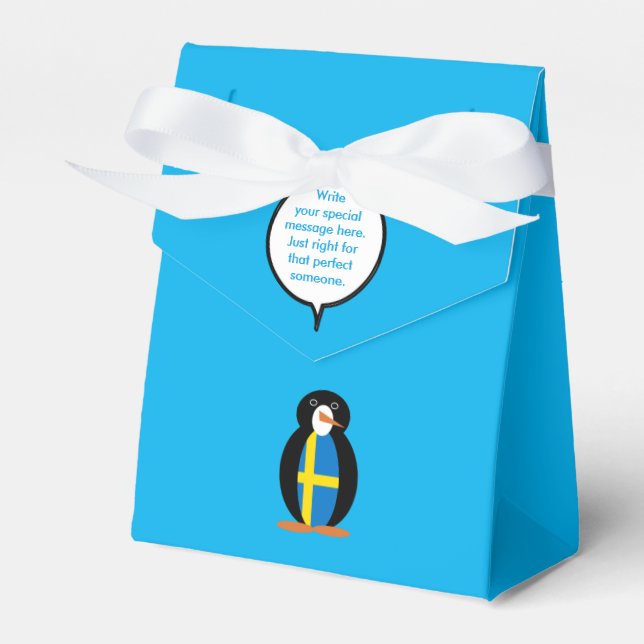 Swedish Flag Talking Ms. Penguin Personalized  Favor Box (Front Side)