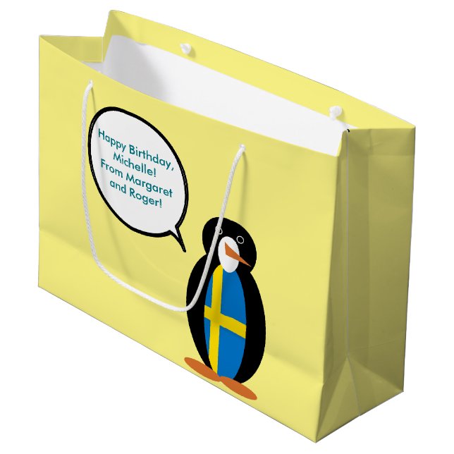 Swedish Flag Talking Ms. Penguin Personalized  Large Gift Bag (Front Angled)