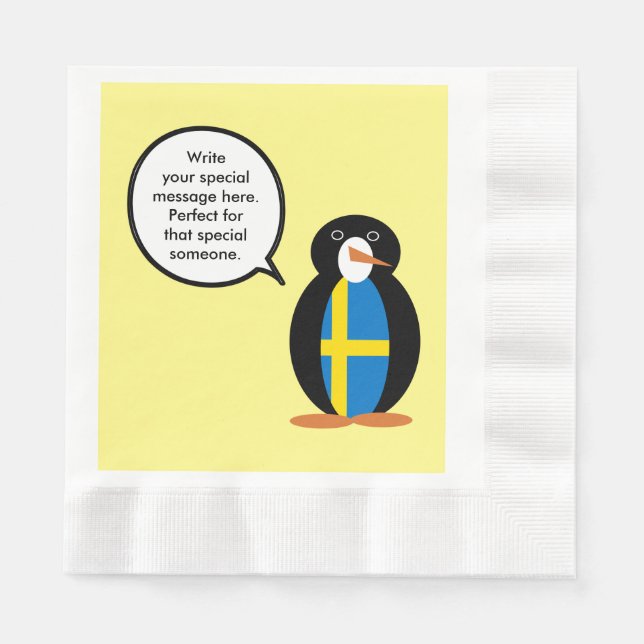 Swedish Flag Talking Ms. Penguin Personalized  Napkin (Front)