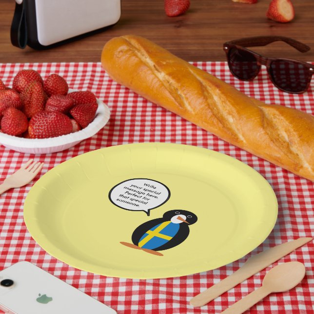 Swedish Flag Talking Ms. Penguin Personalized  Paper Plate (Picnic)
