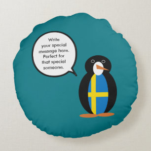 Swedish Flag Talking Ms. Penguin Personalized Round Pillow