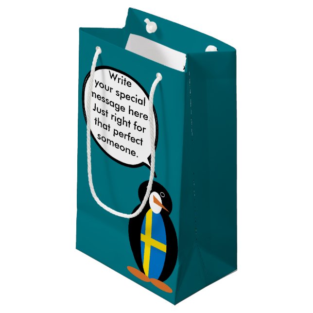 Swedish Flag Talking Ms. Penguin Personalized  Small Gift Bag (Front Angled)
