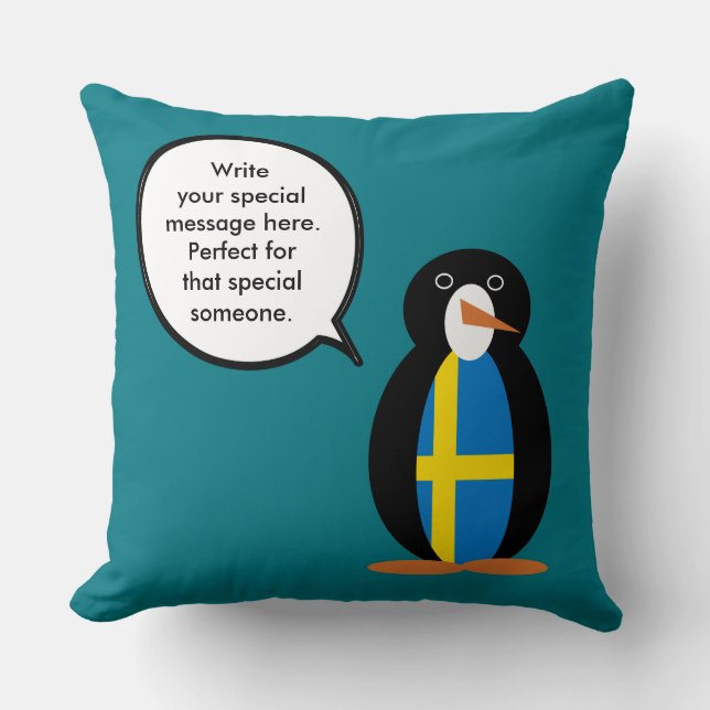 Swedish Flag Talking Ms. Penguin Personalized  Throw Pillow (Front)