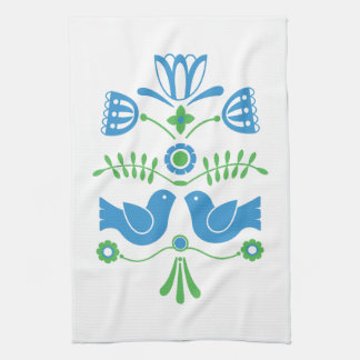 Swedish Folk Art Blue Birds and Flowers Kitchen Towel