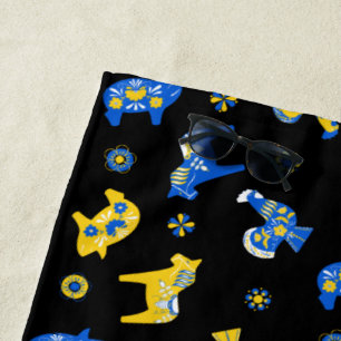 Swedish Folk Dala Farm Animals l Blue and Yellow Beach Towel