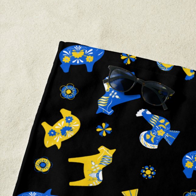 Swedish Folk Dala Farm Animals l Blue and Yellow Beach Towel (In Situ)