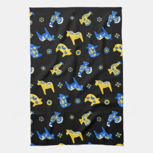 Swedish Folk Dala Farm Animals l Blue and Yellow Kitchen Towel