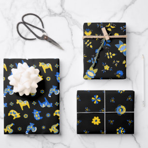 Swedish Folk Dala Farm Animals l Blue and Yellow Wrapping Paper Sheet