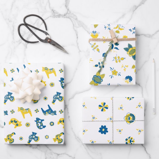 Swedish Folk Dala Farm Animals l Blue and Yellow Wrapping Paper Sheet (Front)