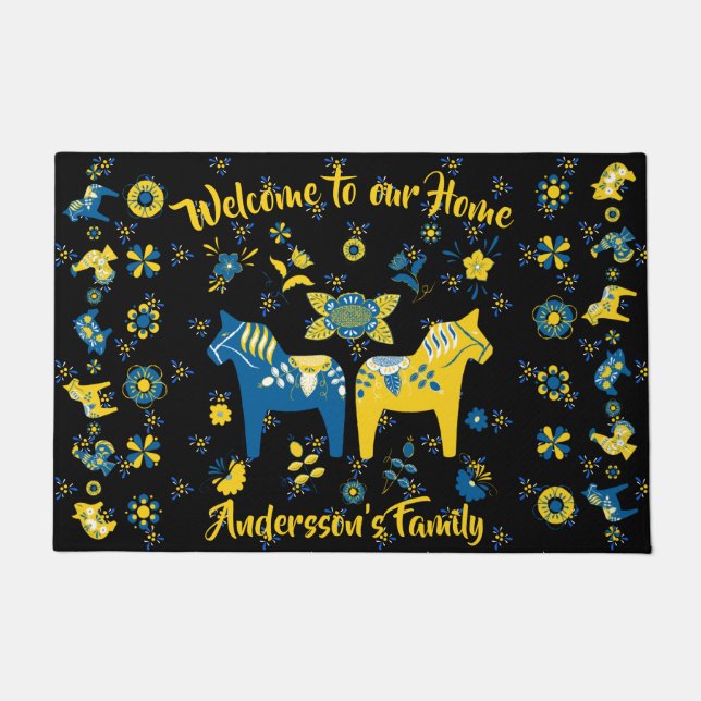 Swedish Folk Dala Horse l Blue and Yellow Doormat (Front)