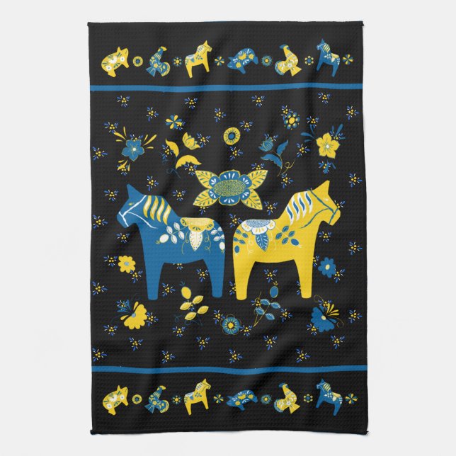 Swedish Folk Dala Horse l Blue and Yellow Kitchen Towel (Vertical)