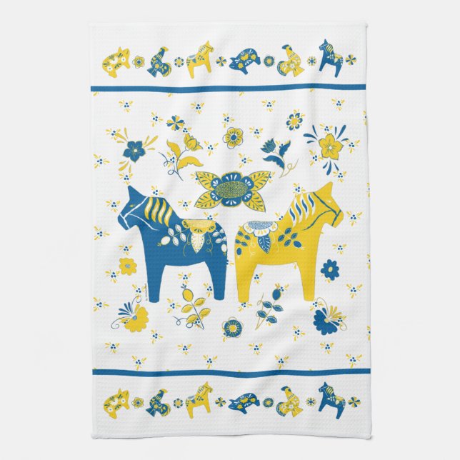 Swedish Folk Dala Horse l Blue and Yellow Kitchen Towel (Vertical)