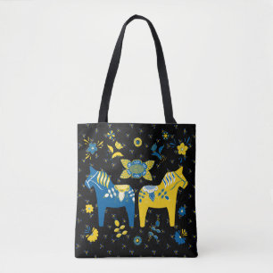 Swedish Folk Dala Horse l Blue and Yellow Tote Bag