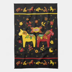 Swedish Folk Dala Horse l Red and Yellow Kitchen Towel