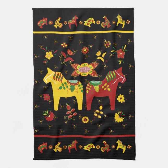 Swedish Folk Dala Horse l Red and Yellow Kitchen Towel (Vertical)