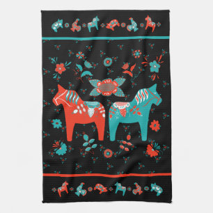 Swedish Folk Dala Horse l Teal and Red Kitchen Towel