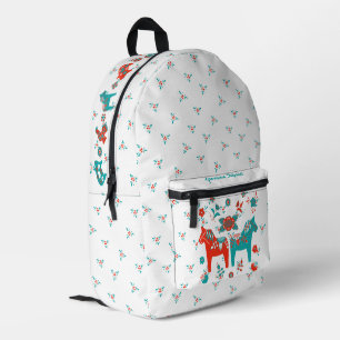 Swedish Folk Dala Horse l Teal and Red Printed Backpack