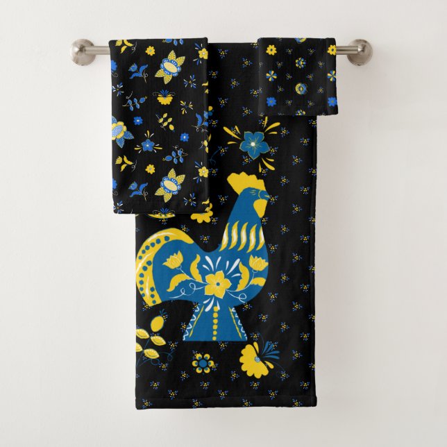 Swedish Folk Dala Rooster Bath Towel Set (Insitu)