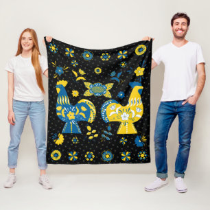Swedish Folk Dala Rooster Fleece Blanket