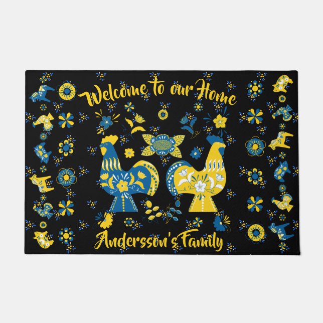 Swedish Folk Dala Rooster l Blue and Yellow Doormat (Front)