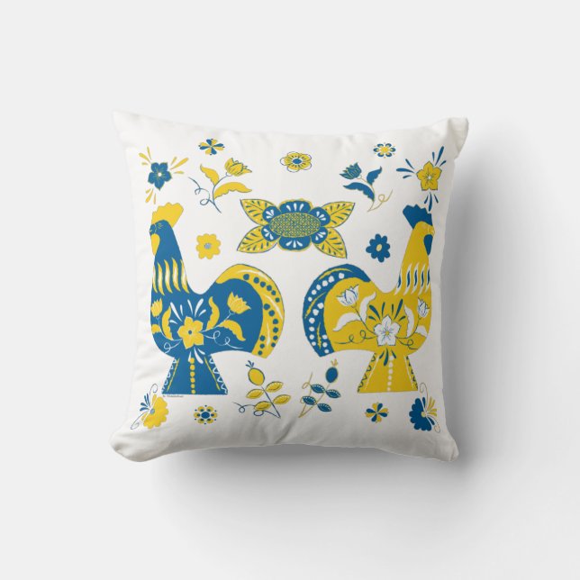 Swedish Folk Dala Rooster l Blue and Yellow Throw Pillow (Front)