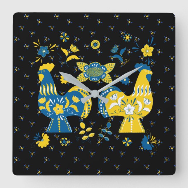 Swedish Folk Dala Rooster Square Wall Clock (Front)