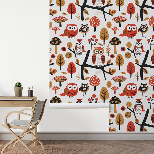 Swedish Forest Scandinavian Owls Whimsical  Wallpaper (Creator Uploaded)