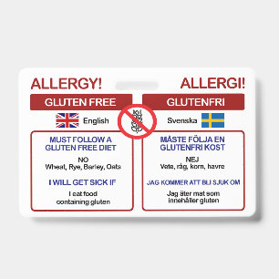 SWEDISH Gluten Free Travel Card   Allergy Badge