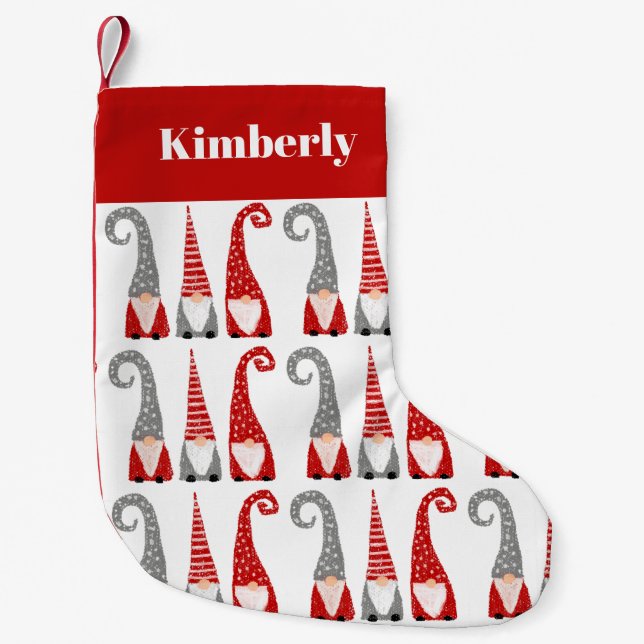 Swedish Gnomes Red White Pattern Personalized Small Christmas Stocking (Front)