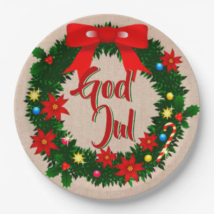 Swedish God Jul Merry Christmas 9" Paper Plate