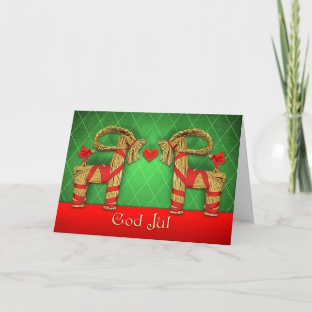 Swedish Julbok Twins with Heart God Jul Christmas Holiday Card (Front)