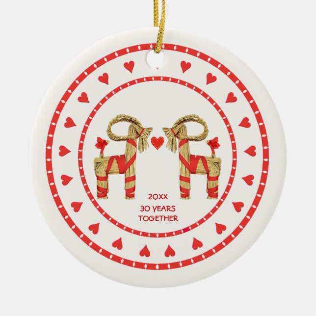 Swedish Straw Goats 30 Years Together Custom Dated Ceramic Ornament (Front)