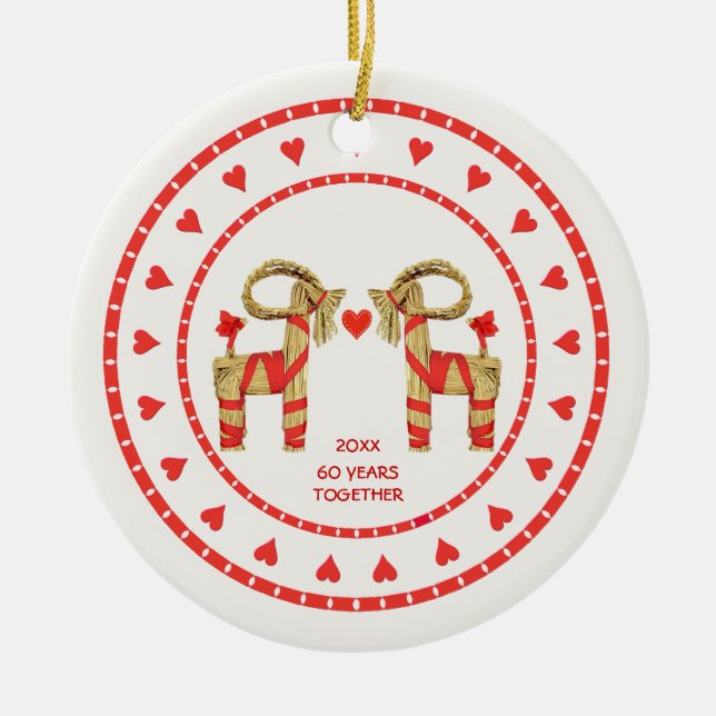 Swedish Straw Goats 60 Years Together Dated Ceramic Ornament (Front)