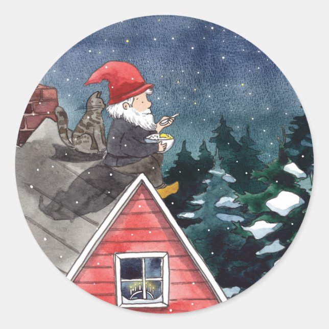 Swedish Tomten Christmas Gnome Watercolor  Classic Round Sticker (Front)