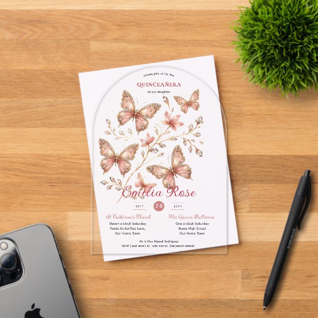 Sweet15 Butterflies QUINCEANERA Blush Pink Diamond Acrylic Invitations (Insitu (Invitation Card))