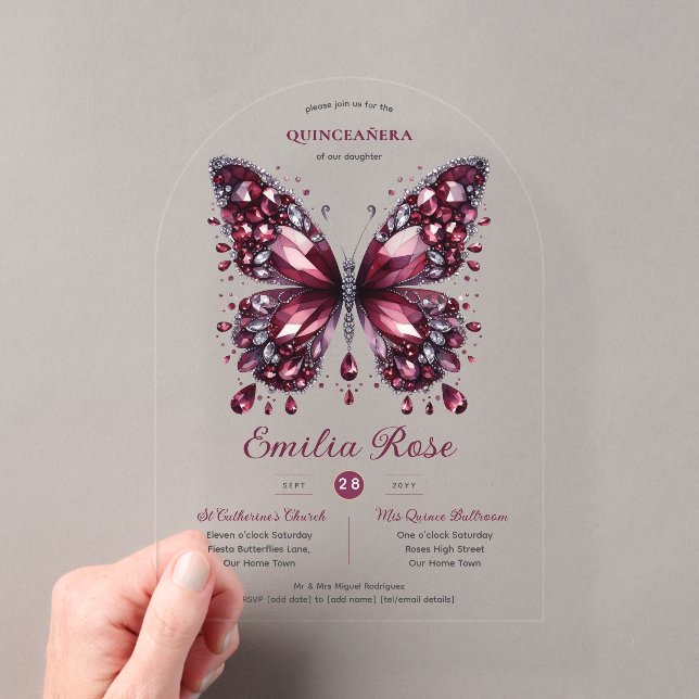 Sweet15 Butterflies QUINCEANERA Burgundy Diamond Acrylic Invitations (Insitu (Handheld))