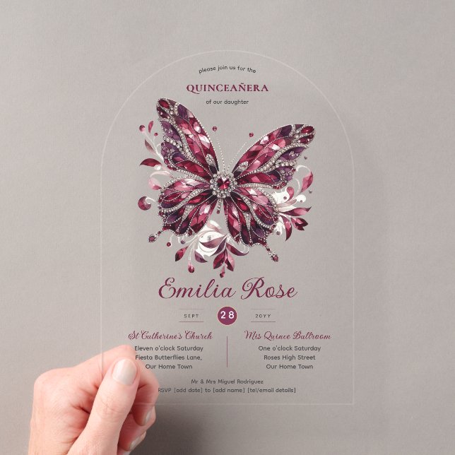 Sweet15 Butterflies QUINCEANERA Burgundy Diamond Acrylic Invitations (Insitu (Handheld))