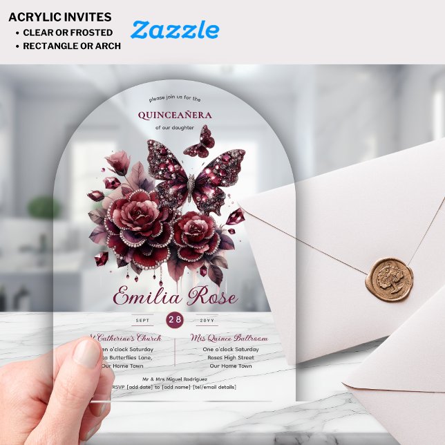 Sweet15 Butterflies QUINCEANERA Burgundy Diamond Acrylic Invitations (Creator Uploaded)