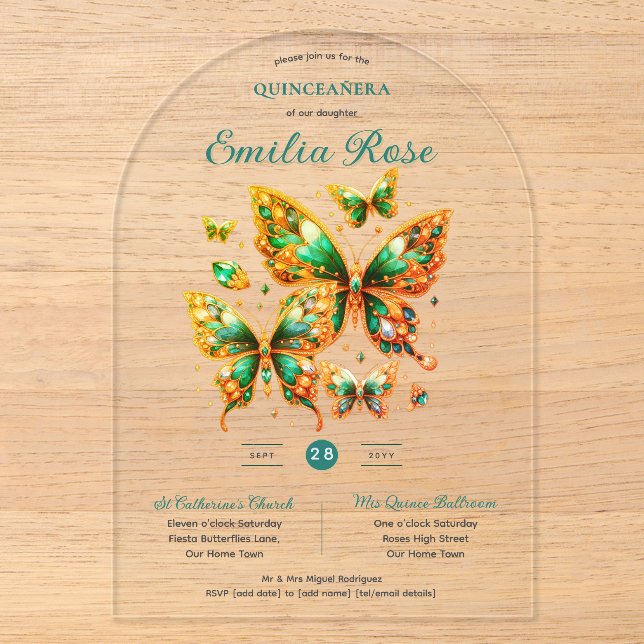 Sweet15 Butterflies QUINCEANERA Emerald Green Gold Acrylic Invitations (Front)