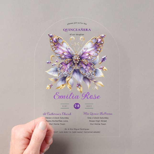 Sweet15 Butterflies QUINCEANERA Purple Blue Gold Acrylic Invitations (Insitu (Handheld))