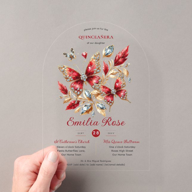 Sweet15 Butterflies QUINCEANERA Red Card Diamond Acrylic Invitations (Insitu (Handheld))