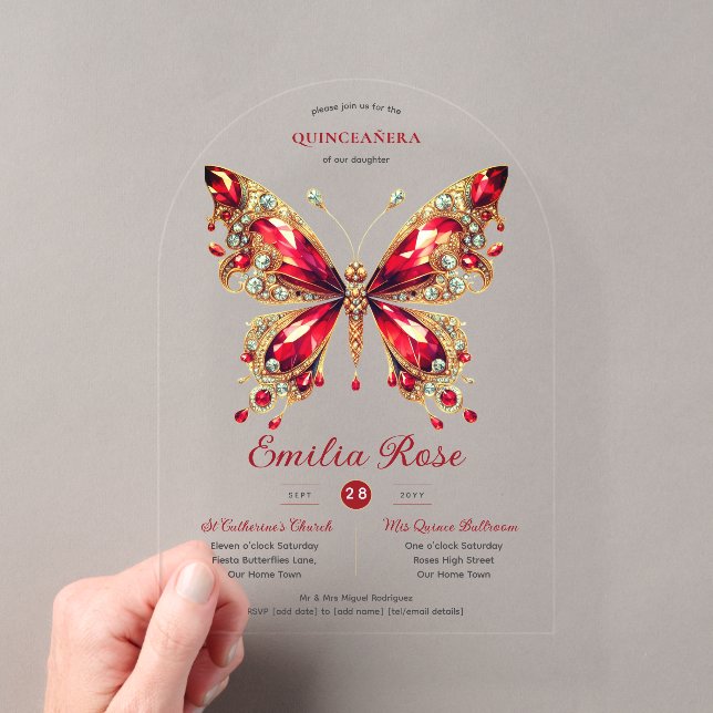 Sweet15 Butterflies QUINCEANERA Red Card Diamond Acrylic Invitations (Insitu (Handheld))