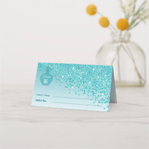 Sweet16 Azure Fragrance Teal Blue Glitter Boutique Place Card