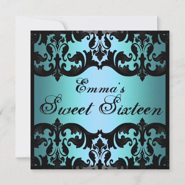 Sweet16 Bleu Élégant Damas Invitation d'anniversai (Devant)