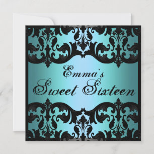 Sweet16 Bleu Élégant Damas Invitation d'anniversai